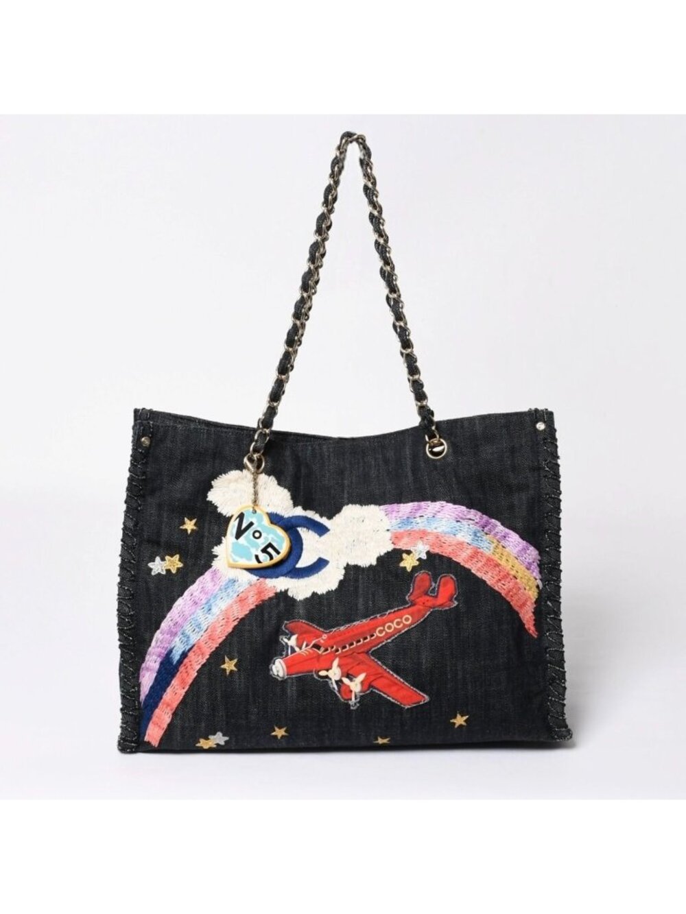 Chanel Chain Tote Bag Night Flight Embroidery CC Logo Denim